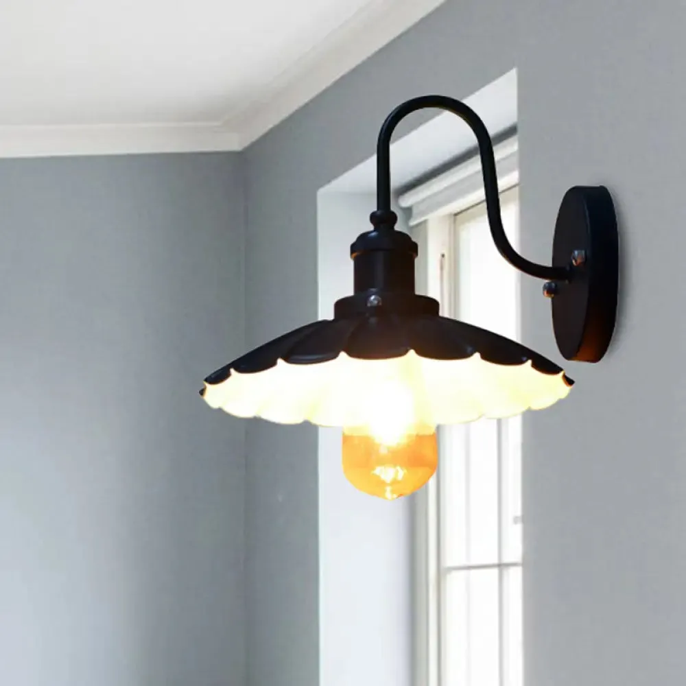 Industrial Gooseneck Wall Sconce with Scalloped Shade, 1 Light - Black, 9.5"/13" Width