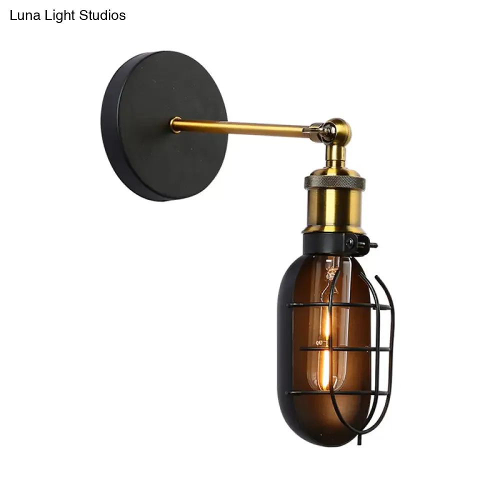 Industrial Metal Black and Brass Wall Lamp with Capsule Cage Design - 1 Head Sconce for Restaurant and Home