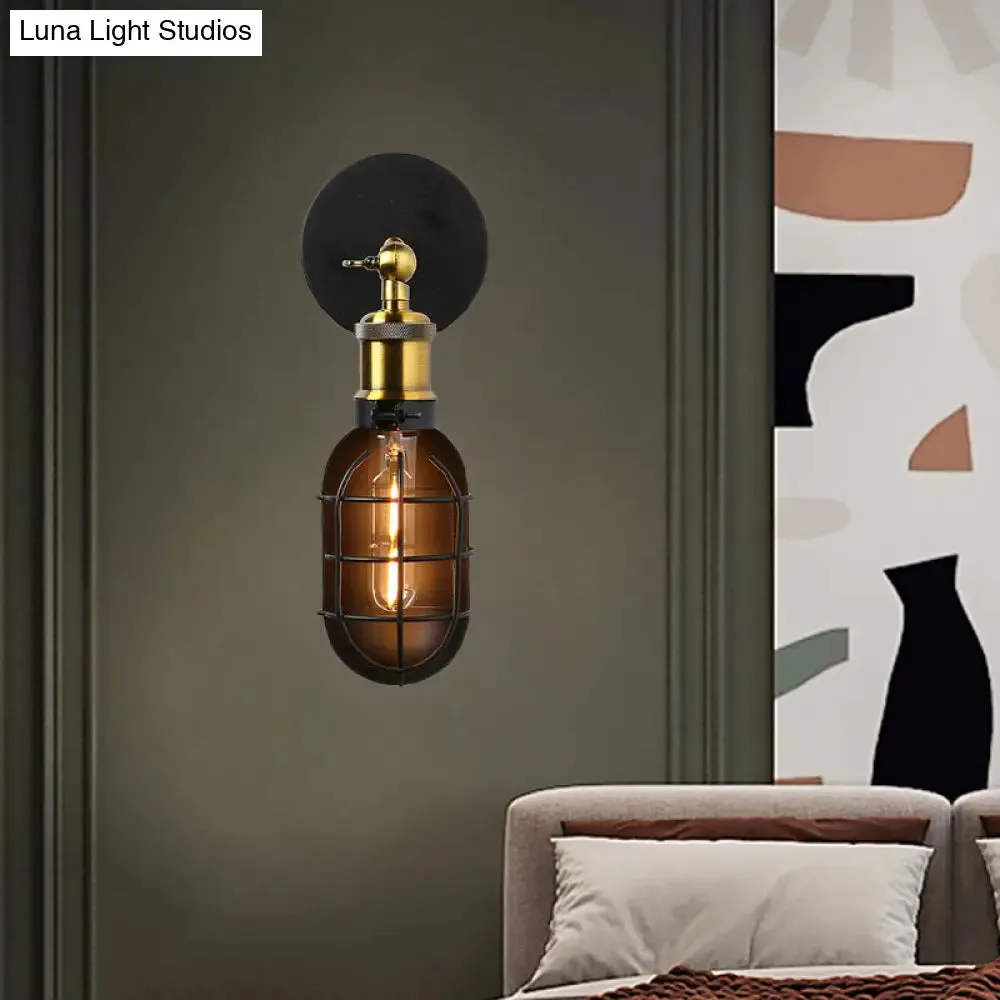 Industrial Metal Black and Brass Wall Lamp with Capsule Cage Design - 1 Head Sconce for Restaurant and Home