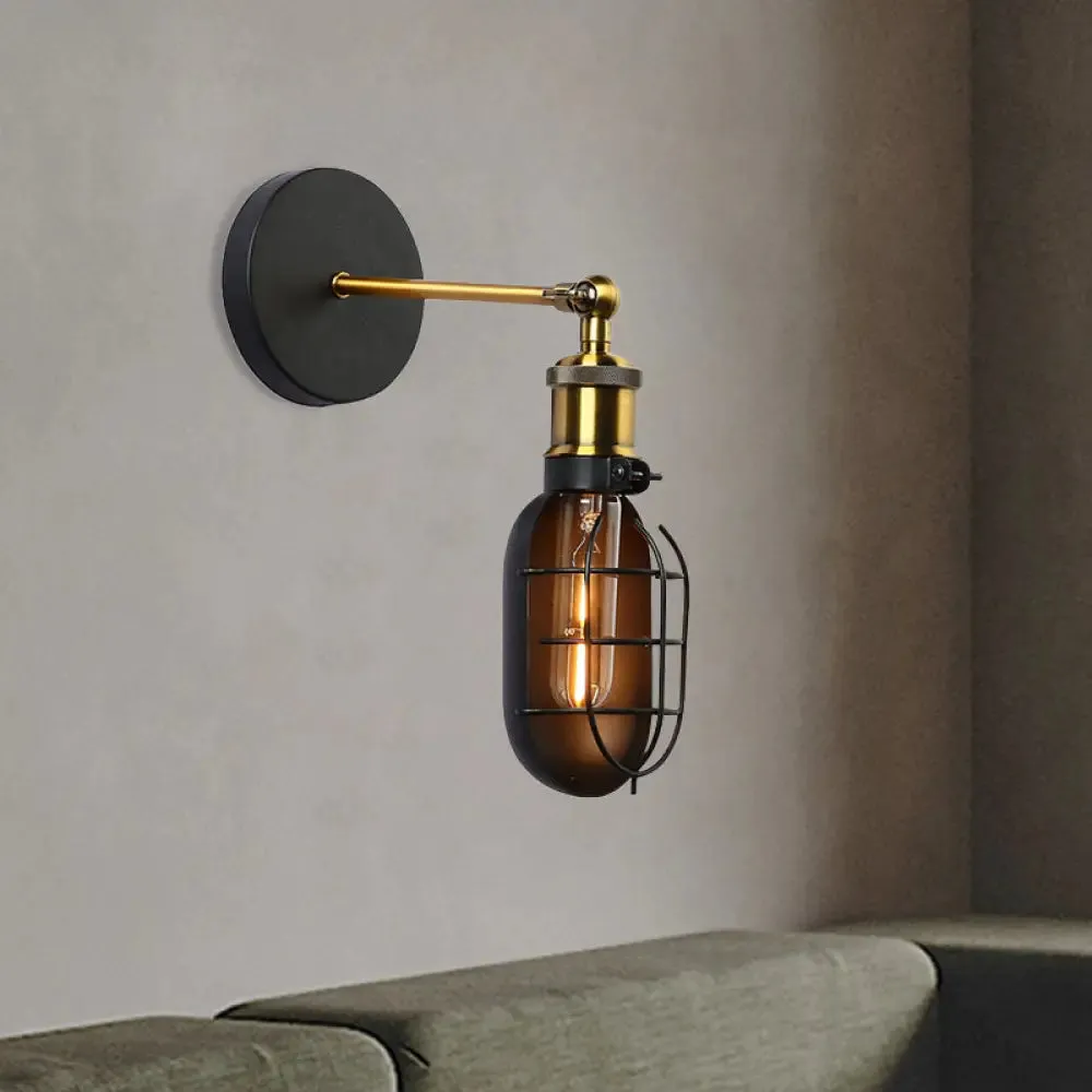 Industrial Metal Black and Brass Wall Lamp with Capsule Cage Design - 1 Head Sconce for Restaurant and Home