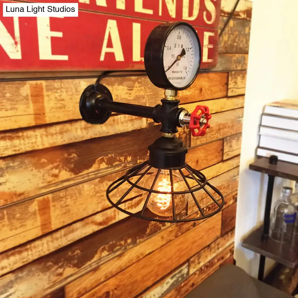 Industrial Metal Wall Sconce with Cone Cage and Pressure Gauge - Black Coffee Shop Light