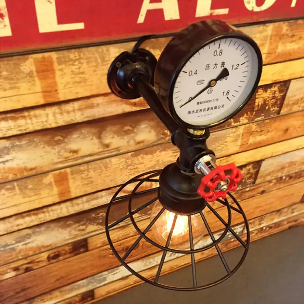 Industrial Metal Wall Sconce with Cone Cage and Pressure Gauge - Black Coffee Shop Light