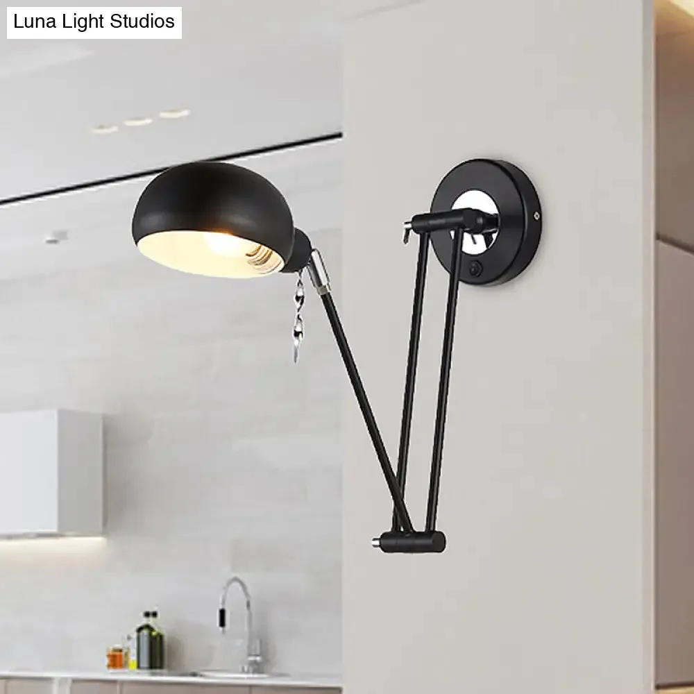 Industrial Retro Swing Arm Wall Light - Metallic Black Bowl Sconce for Living Room Lighting and Reading