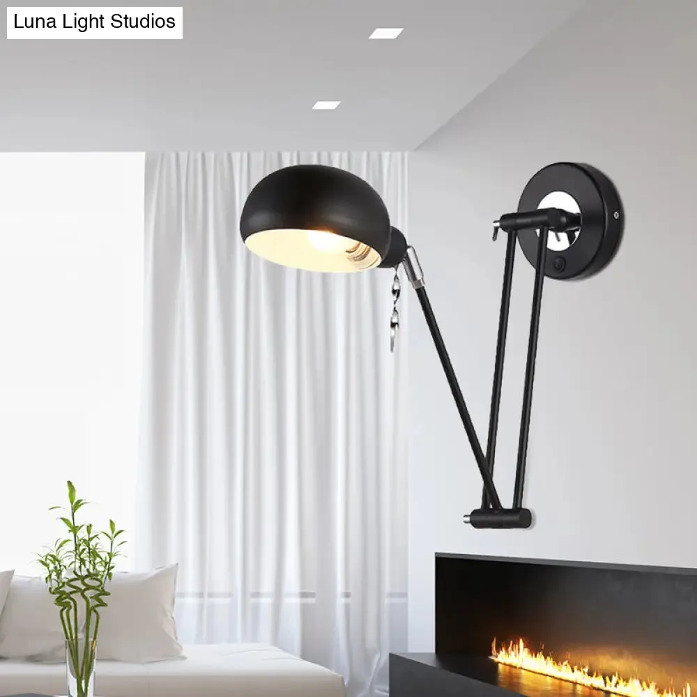 Industrial Retro Swing Arm Wall Light - Metallic Black Bowl Sconce for Living Room Lighting and Reading