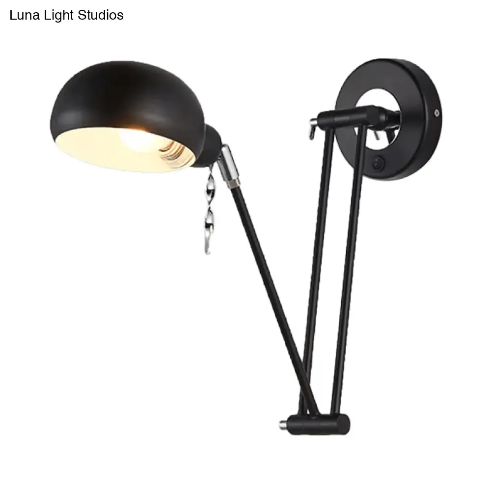 Industrial Retro Swing Arm Wall Light - Metallic Black Bowl Sconce for Living Room Lighting and Reading