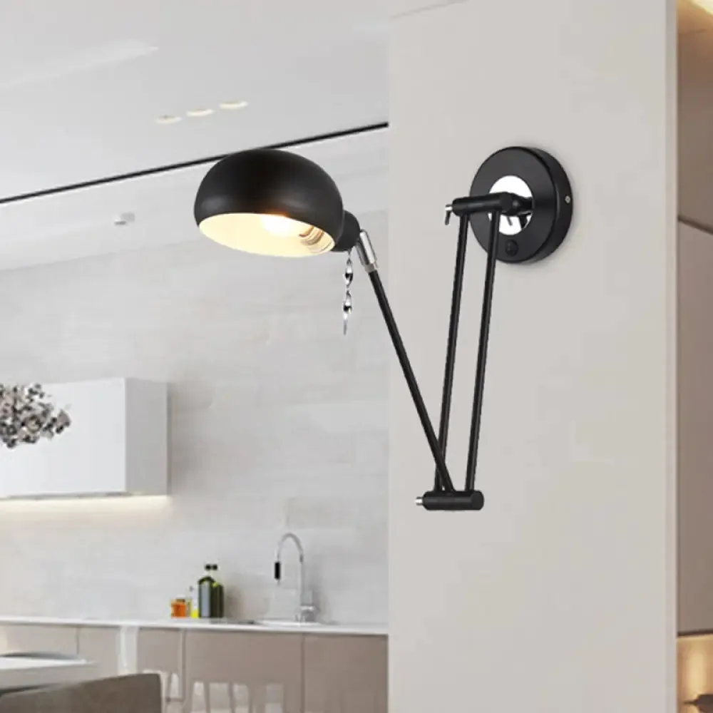 Industrial Retro Swing Arm Wall Light - Metallic Black Bowl Sconce for Living Room Lighting and Reading