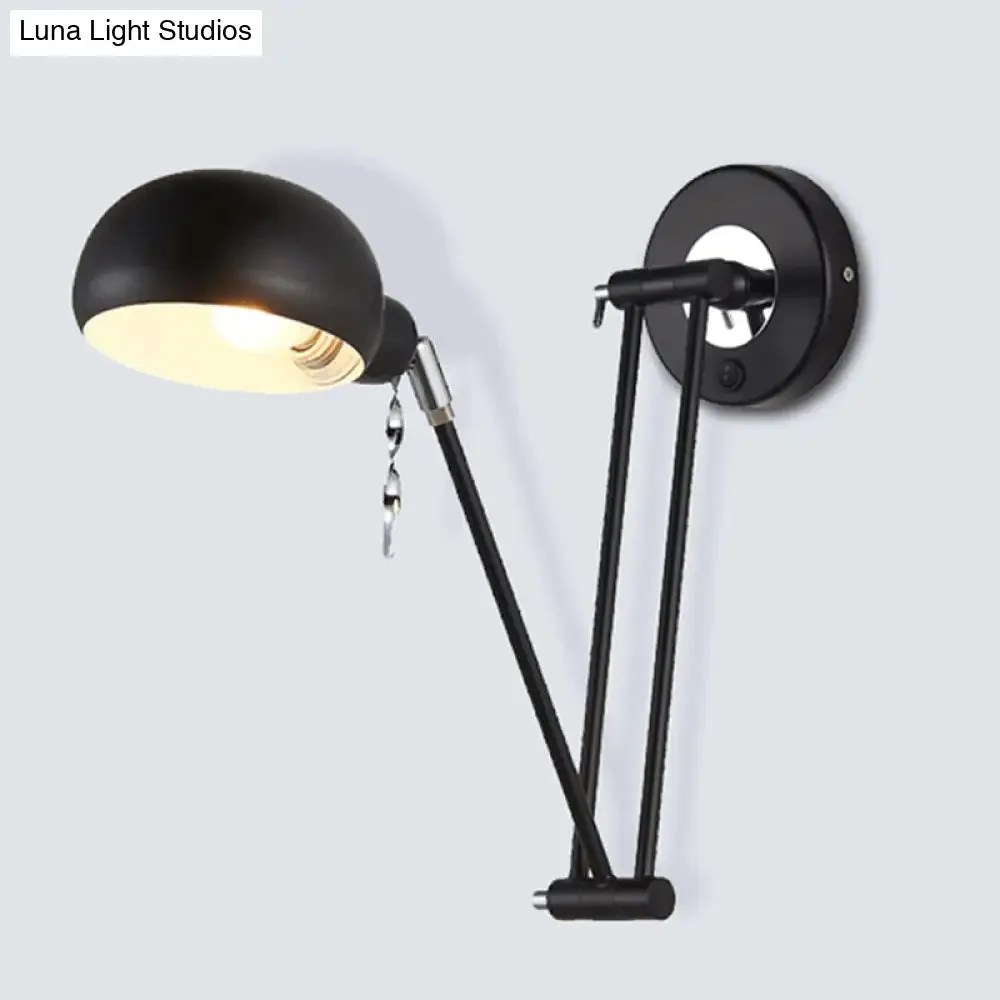 Industrial Retro Swing Arm Wall Light - Metallic Black Bowl Sconce for Living Room Lighting and Reading