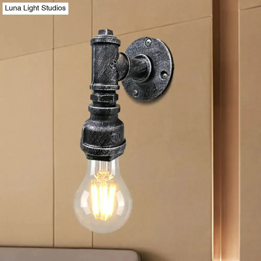 Iron Wall Sconce Lighting - Industrial Black/Aged Silver, Indoor Wall Mounted Lamp with Water Pipe - 1 Light Bare Bulb