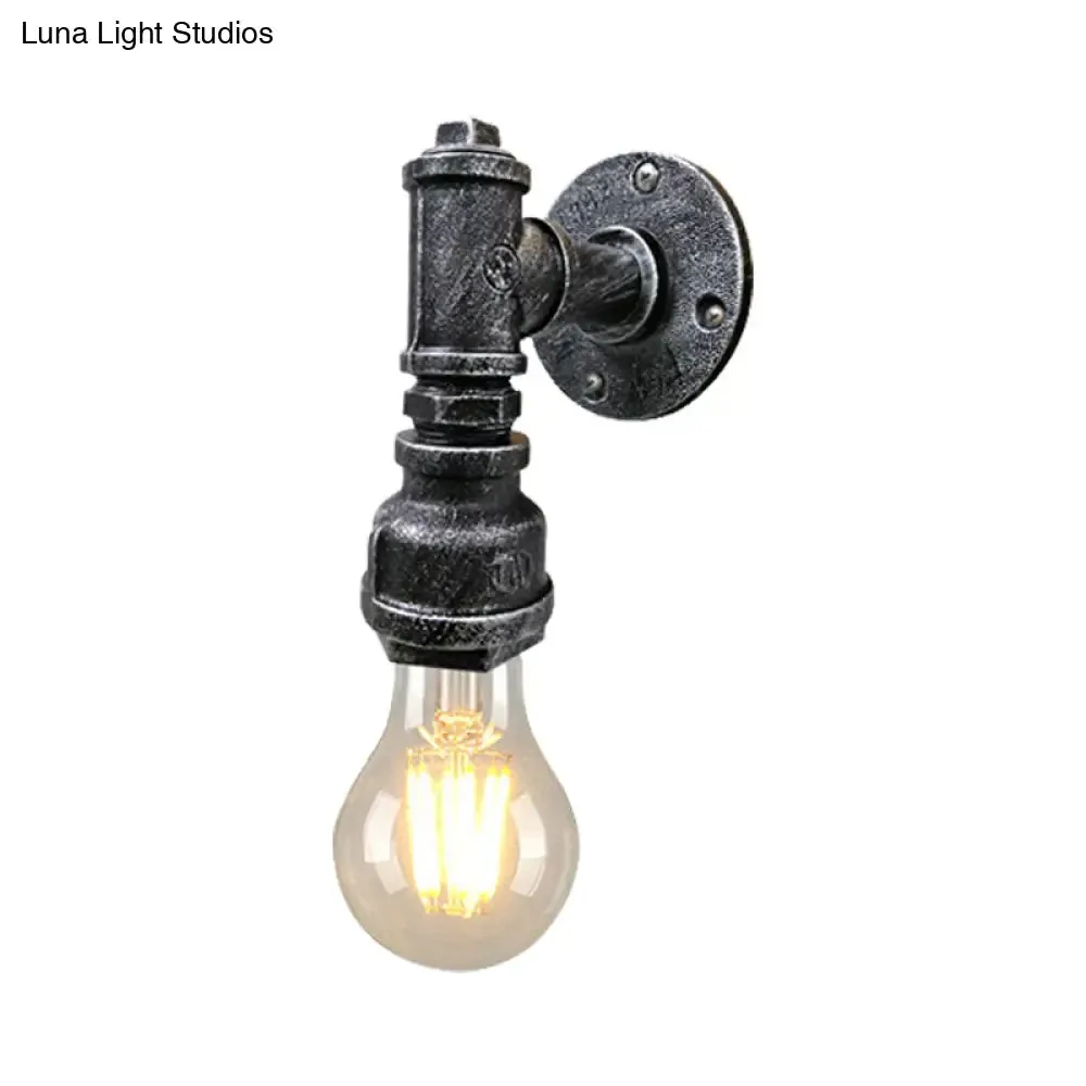 Iron Wall Sconce Lighting - Industrial Black/Aged Silver, Indoor Wall Mounted Lamp with Water Pipe - 1 Light Bare Bulb