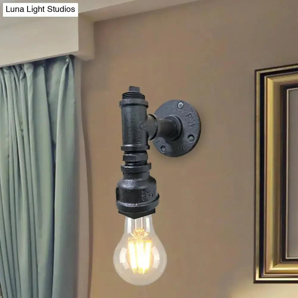 Iron Wall Sconce Lighting - Industrial Black/Aged Silver, Indoor Wall Mounted Lamp with Water Pipe - 1 Light Bare Bulb