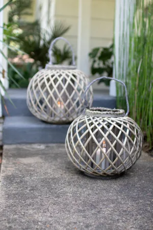 Large Low Round Grey Willow Lantern With Glass