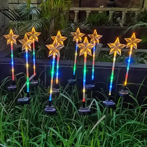 LED Solar-Powered Five-Pointed Star Ground Stake Lights, 5-Pack, Outdoor Lawn, Park, and Christmas Tree Decorative Lighting, Perfect for Garden and Yard Decor.Christmas Light Stakes