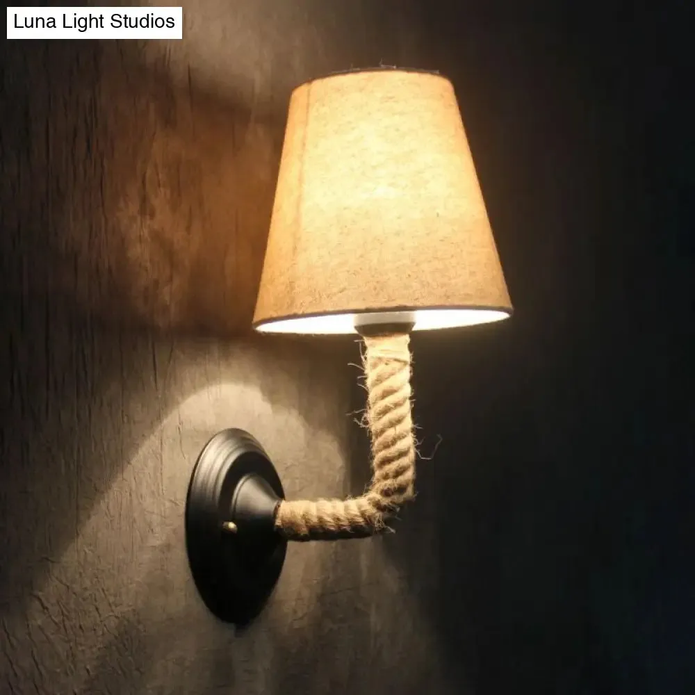 Lodge Style Beige Fabric Wall Sconce with Curved/Angle Arm for Restaurants - 1 Light