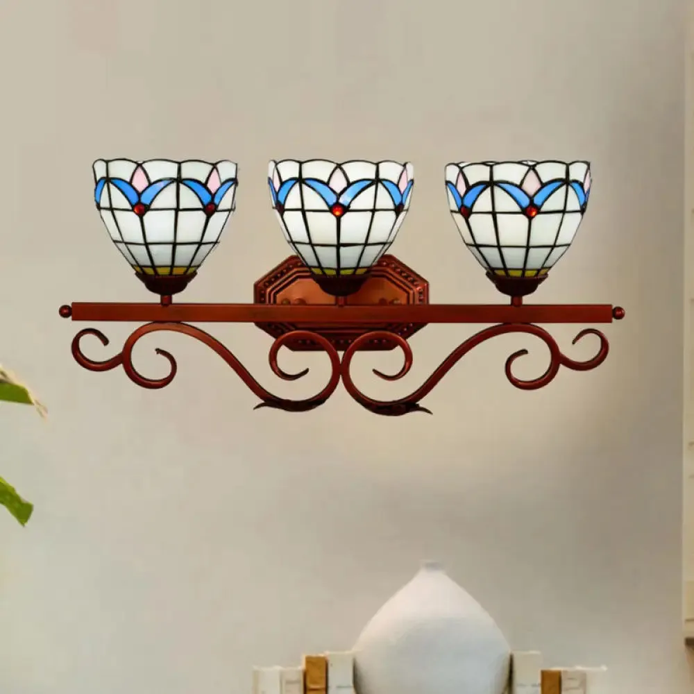 Mission Stained Glass Wall Light Fixture - Bell/Pyramid Shape - 3-Head Blue/Green Vanity Lighting