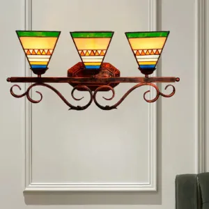 Mission Stained Glass Wall Light Fixture - Bell/Pyramid Shape - 3-Head Blue/Green Vanity Lighting