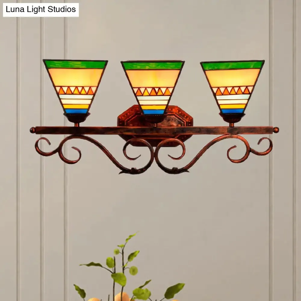 Mission Stained Glass Wall Light Fixture - Bell/Pyramid Shape - 3-Head Blue/Green Vanity Lighting