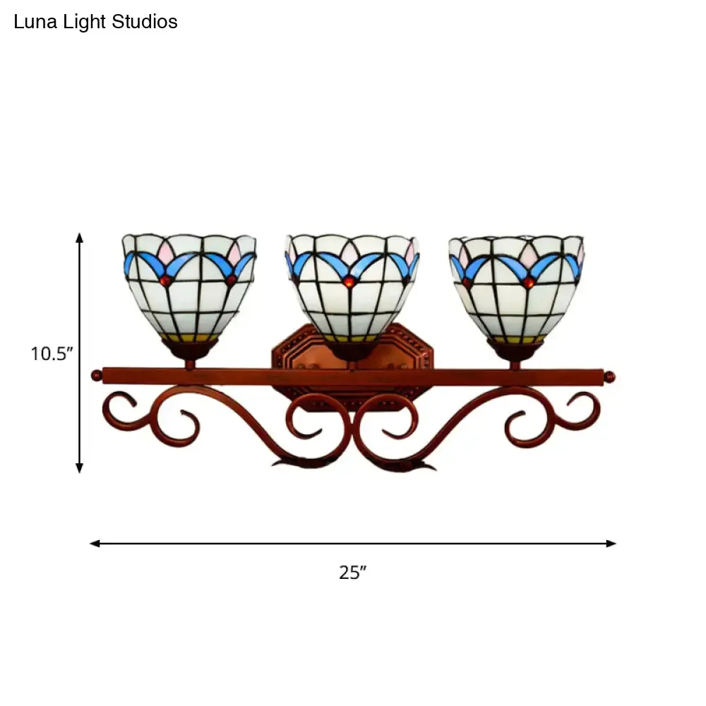 Mission Stained Glass Wall Light Fixture - Bell/Pyramid Shape - 3-Head Blue/Green Vanity Lighting