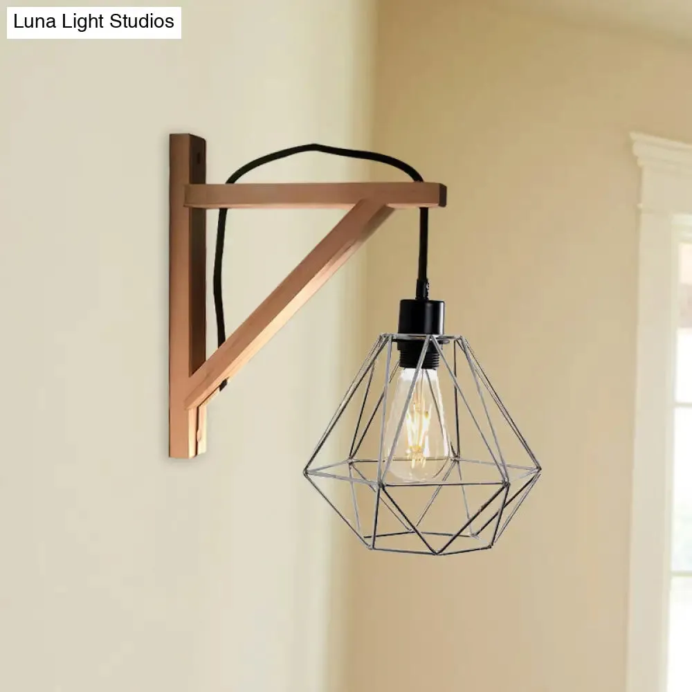 Modern Black Wall Lamp: Loft Style Iron Pear Shaped/Diamond Cage Design with Wood Brace