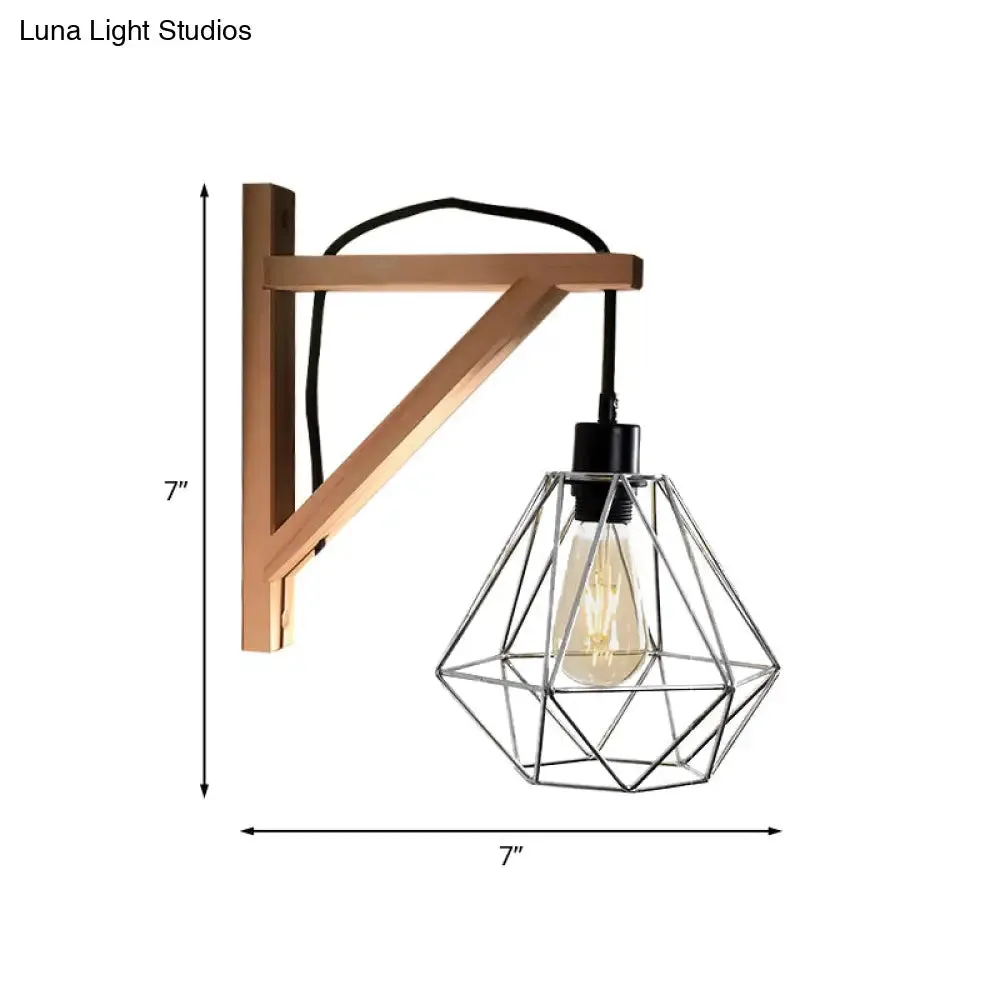 Modern Black Wall Lamp: Loft Style Iron Pear Shaped/Diamond Cage Design with Wood Brace