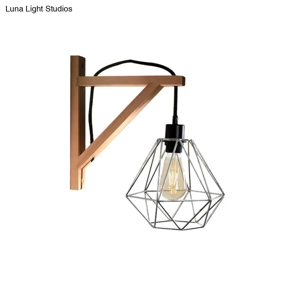 Modern Black Wall Lamp: Loft Style Iron Pear Shaped/Diamond Cage Design with Wood Brace