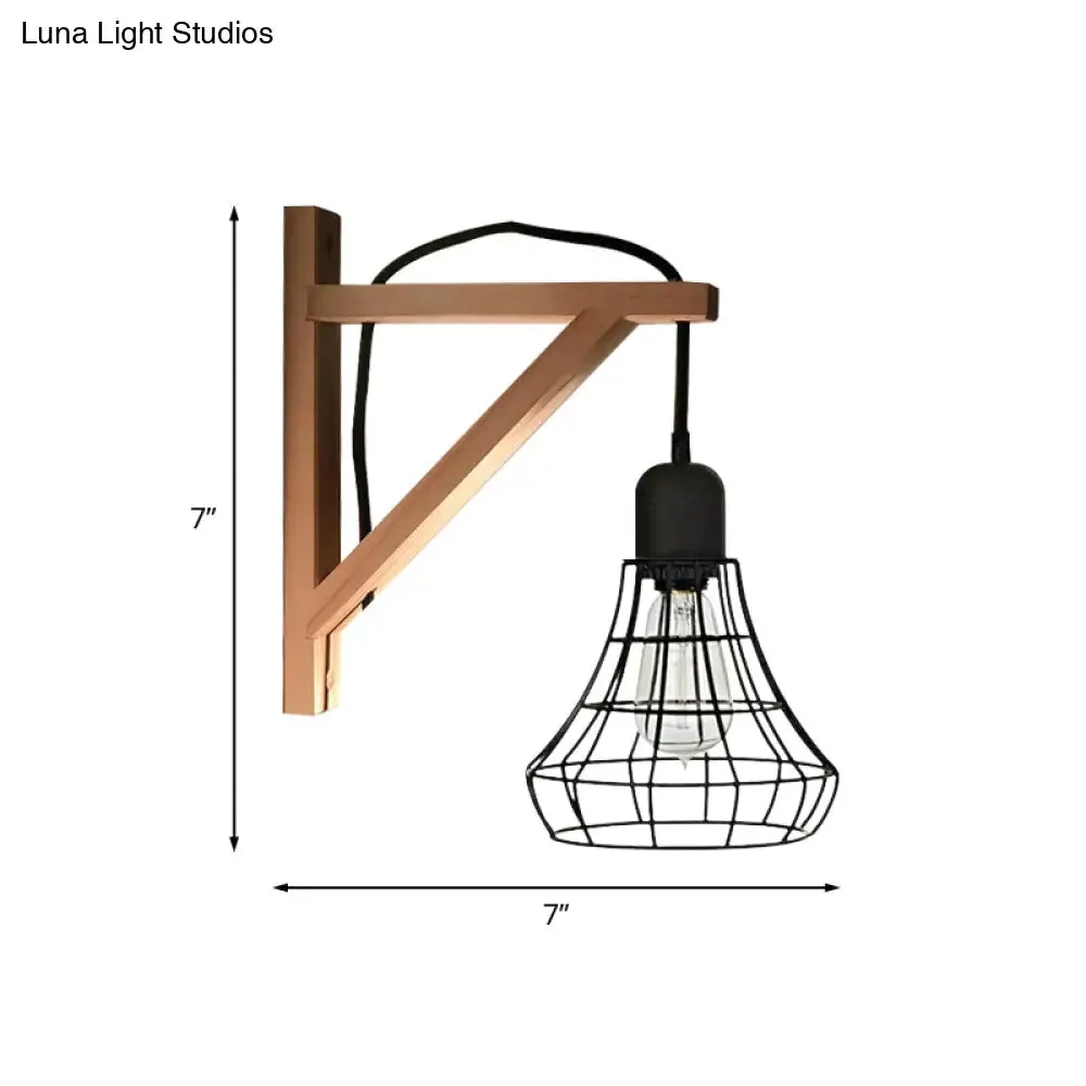 Modern Black Wall Lamp: Loft Style Iron Pear Shaped/Diamond Cage Design with Wood Brace