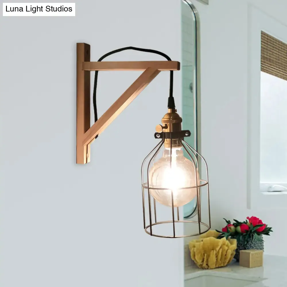 Modern Black Wall Lamp: Loft Style Iron Pear Shaped/Diamond Cage Design with Wood Brace