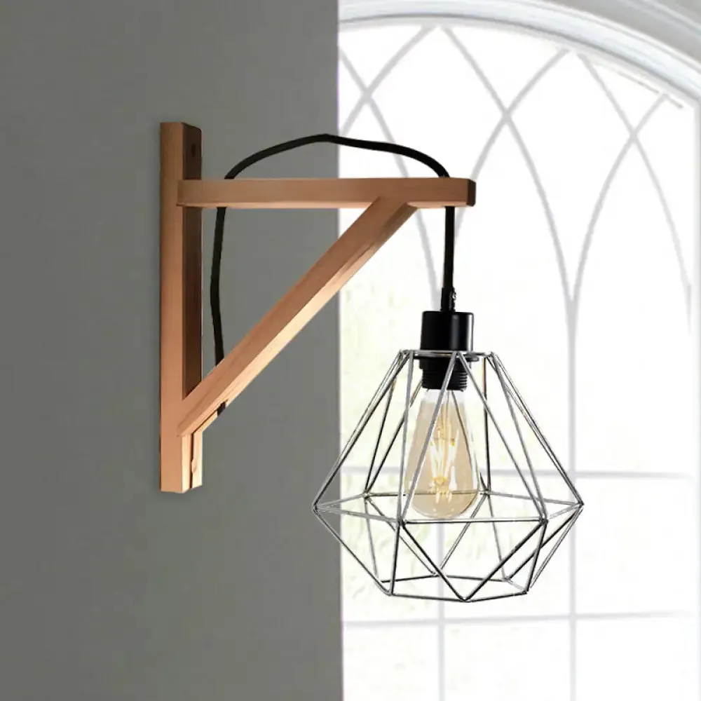 Modern Black Wall Lamp: Loft Style Iron Pear Shaped/Diamond Cage Design with Wood Brace