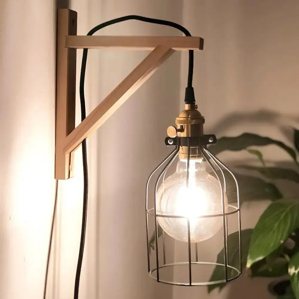 Modern Black Wall Lamp: Loft Style Iron Pear Shaped/Diamond Cage Design with Wood Brace