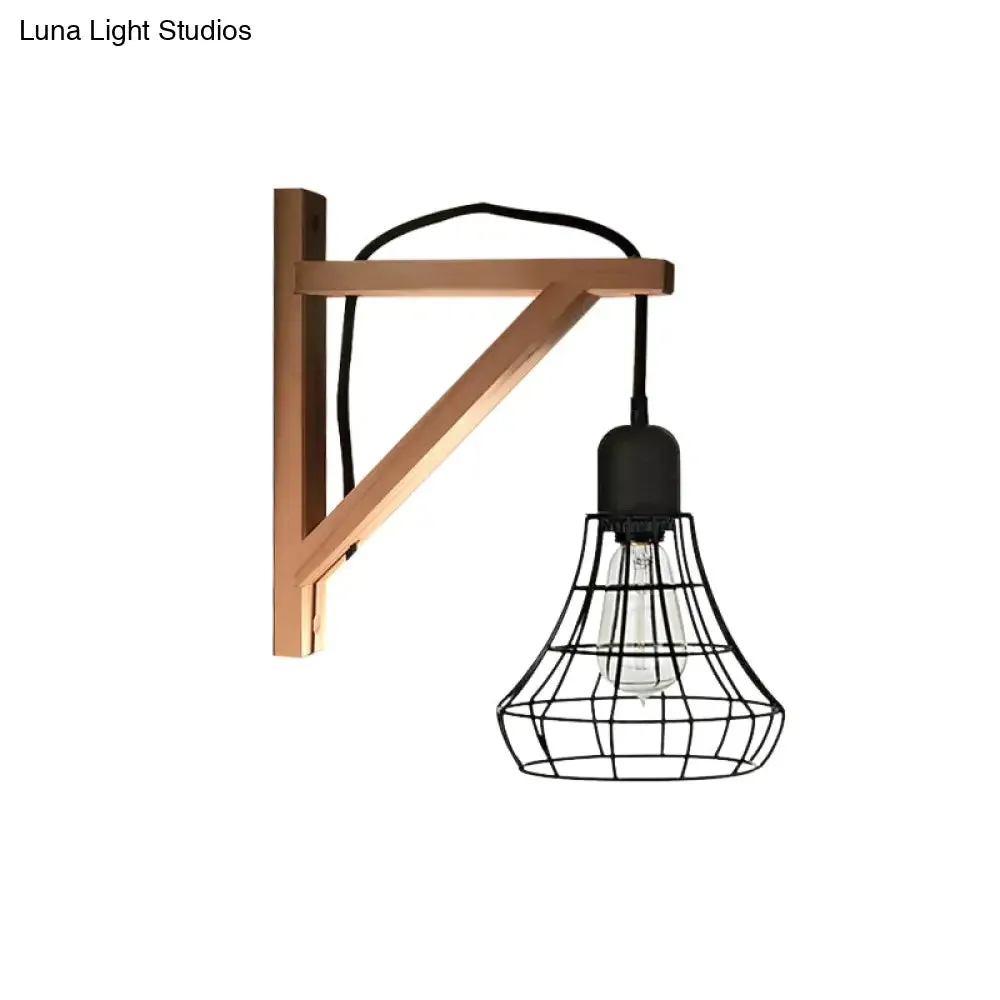 Modern Black Wall Lamp: Loft Style Iron Pear Shaped/Diamond Cage Design with Wood Brace