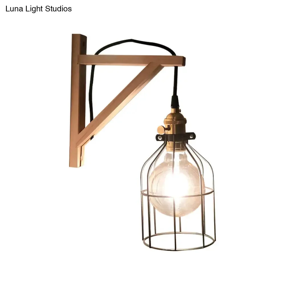 Modern Black Wall Lamp: Loft Style Iron Pear Shaped/Diamond Cage Design with Wood Brace