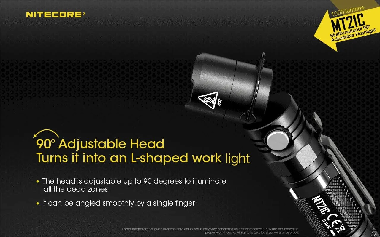 Nitecore MT21C LED Flashlight, 1000 Lumen Right Angle 90 Degree Tiltable Head L-Shape USB Rechargeable with Hard Duty Holster