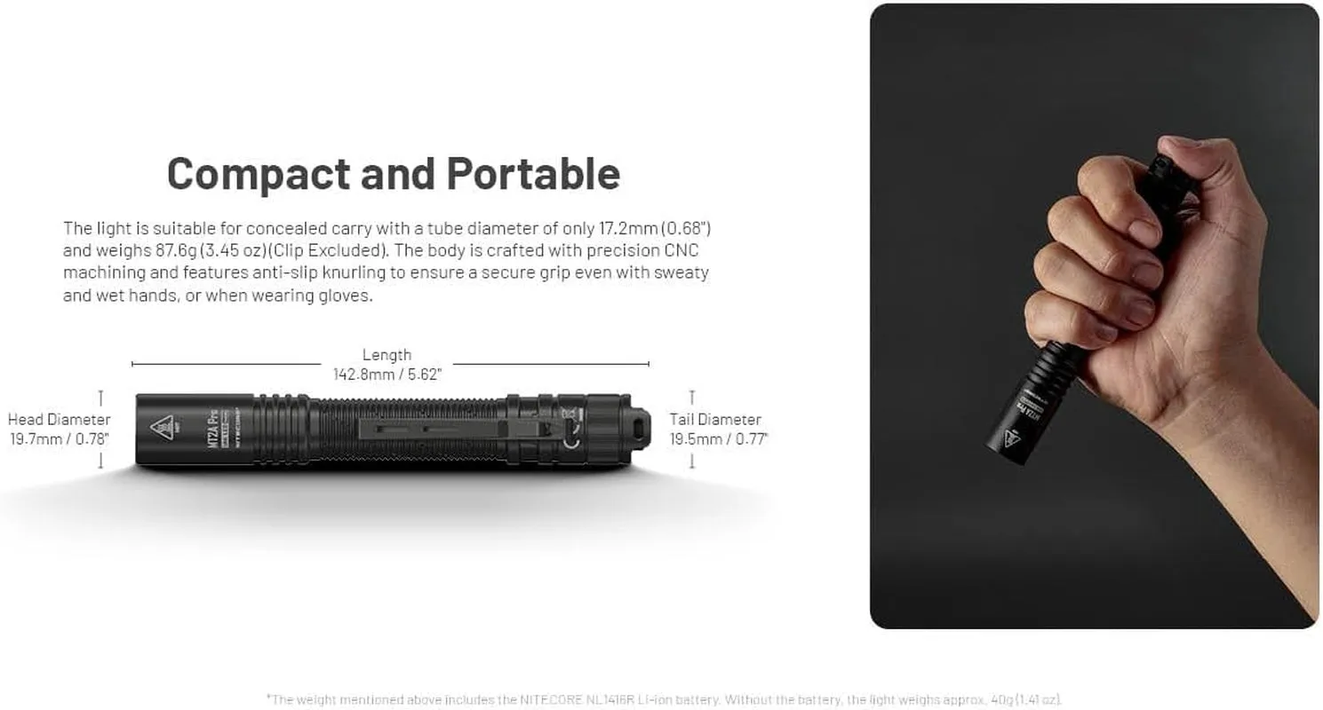 Nitecore MT2A Pro EDC Flashlight, 1000 Lumen, USB-C Rechargeable, 2X AA Battery Compatible Slim Penlight