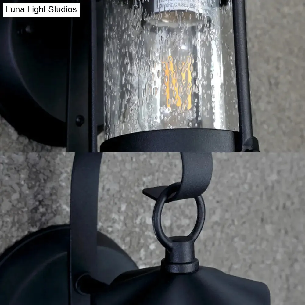 One Bulb Industrial Porch Sconce Lighting Fixture with Bubble Glass Cylinder/Lantern Shade in Black