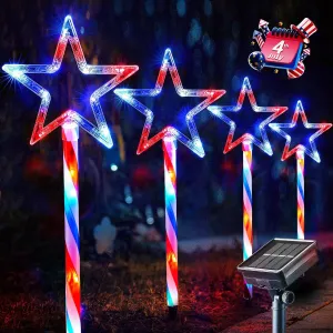 Patriotic Solar Pathway Lights – 4PCS Red, White & Blue Star Decorations with Waterproof Lighted Stakes and 8 Modes for 4th of July and Christmas Outdoor Decor