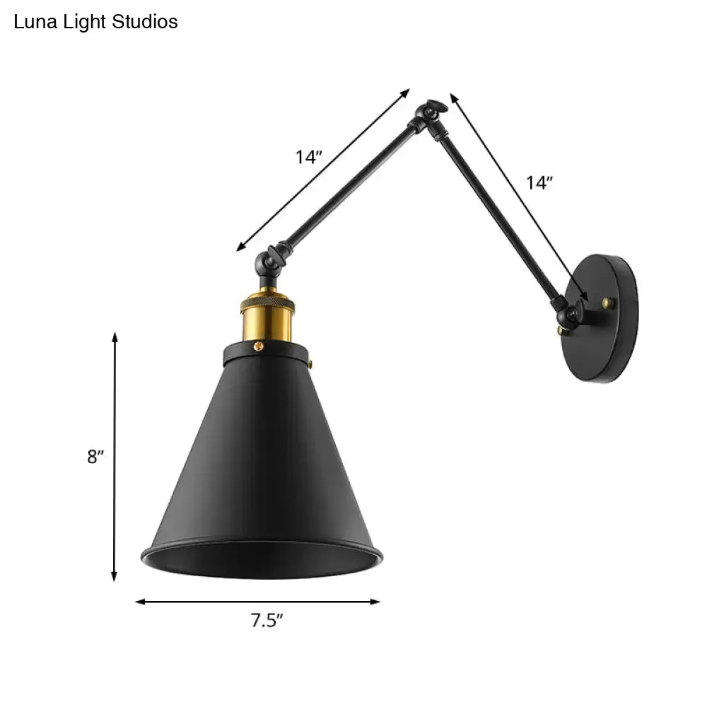 Retro Swing Arm Wall Light with Conic Shade - Indoor Black Metal Mount, 1 Light