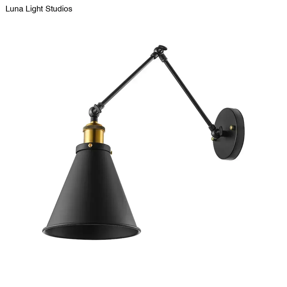 Retro Swing Arm Wall Light with Conic Shade - Indoor Black Metal Mount, 1 Light