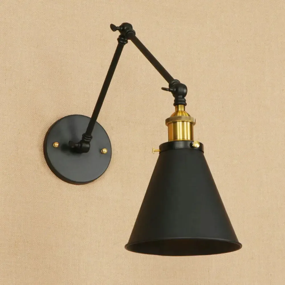 Retro Swing Arm Wall Light with Conic Shade - Indoor Black Metal Mount, 1 Light