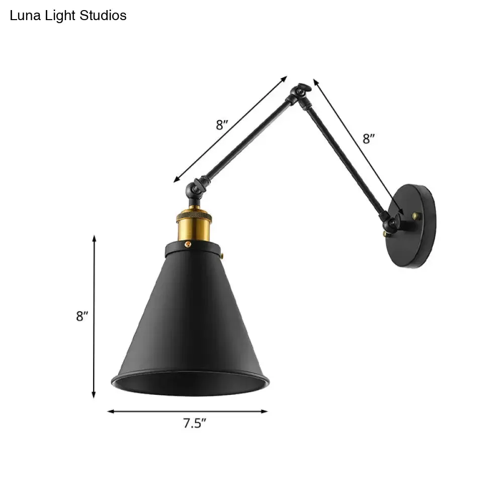 Retro Swing Arm Wall Light with Conic Shade - Indoor Black Metal Mount, 1 Light