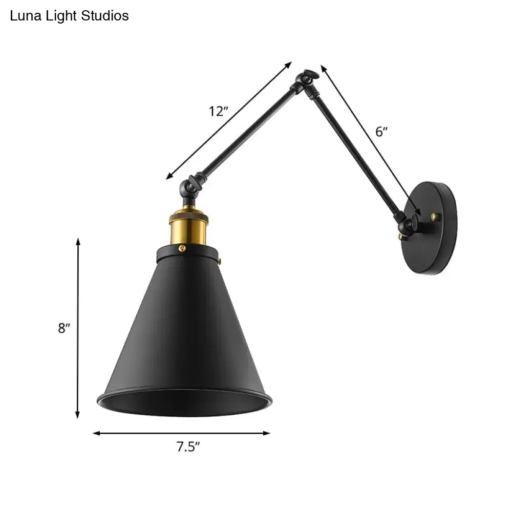 Retro Swing Arm Wall Light with Conic Shade - Indoor Black Metal Mount, 1 Light