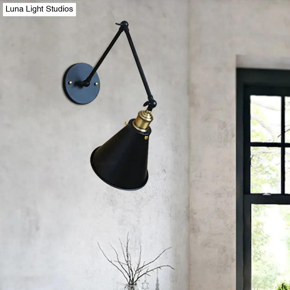 Retro Swing Arm Wall Light with Conic Shade - Indoor Black Metal Mount, 1 Light