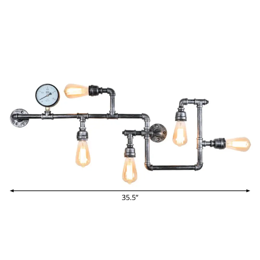 Rustic 5-Bulb Water Pipe Iron Wall Lamp with Pressure Gauge - Perfect for Restaurants