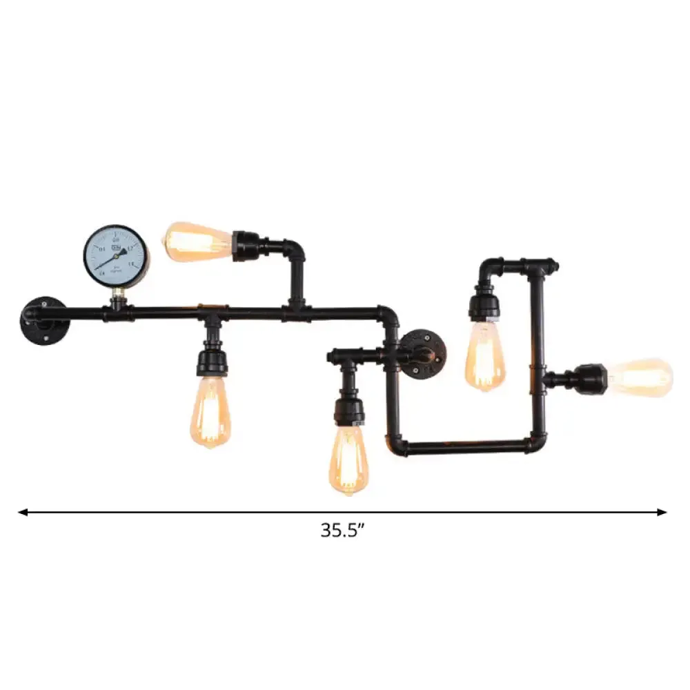 Rustic 5-Bulb Water Pipe Iron Wall Lamp with Pressure Gauge - Perfect for Restaurants