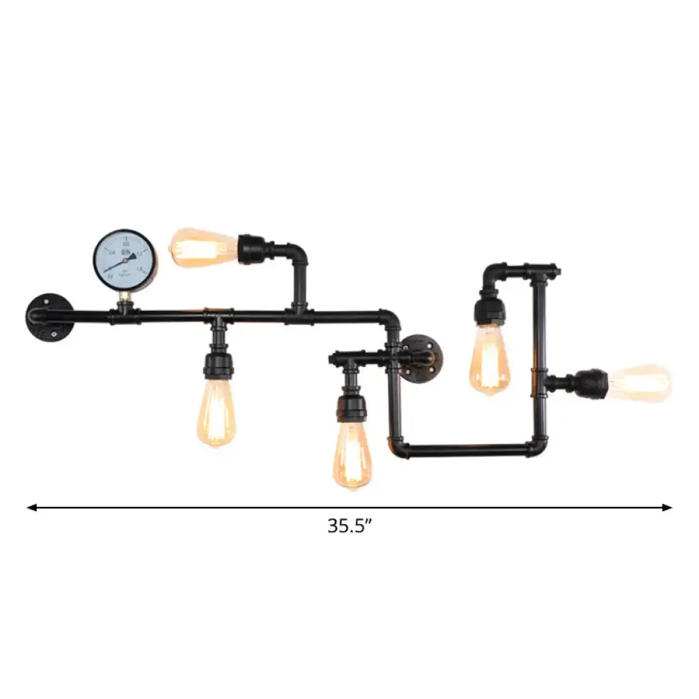 Rustic 5-Bulb Water Pipe Iron Wall Lamp with Pressure Gauge - Perfect for Restaurants