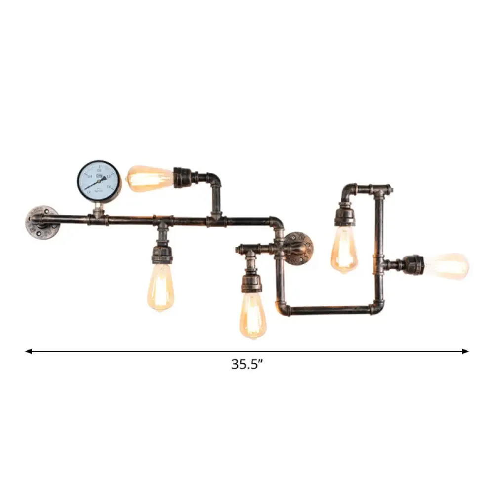 Rustic 5-Bulb Water Pipe Iron Wall Lamp with Pressure Gauge - Perfect for Restaurants