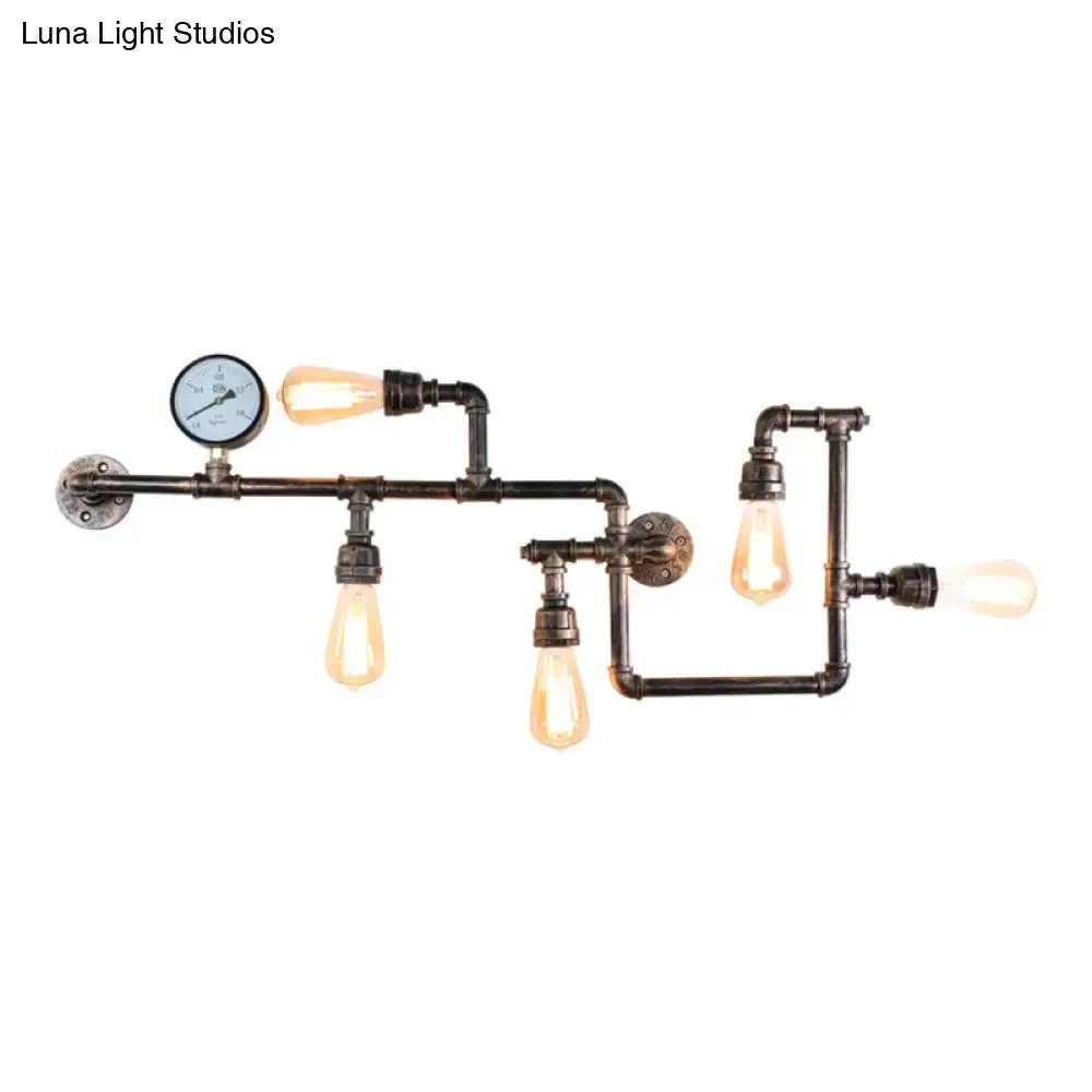 Rustic 5-Bulb Water Pipe Iron Wall Lamp with Pressure Gauge - Perfect for Restaurants