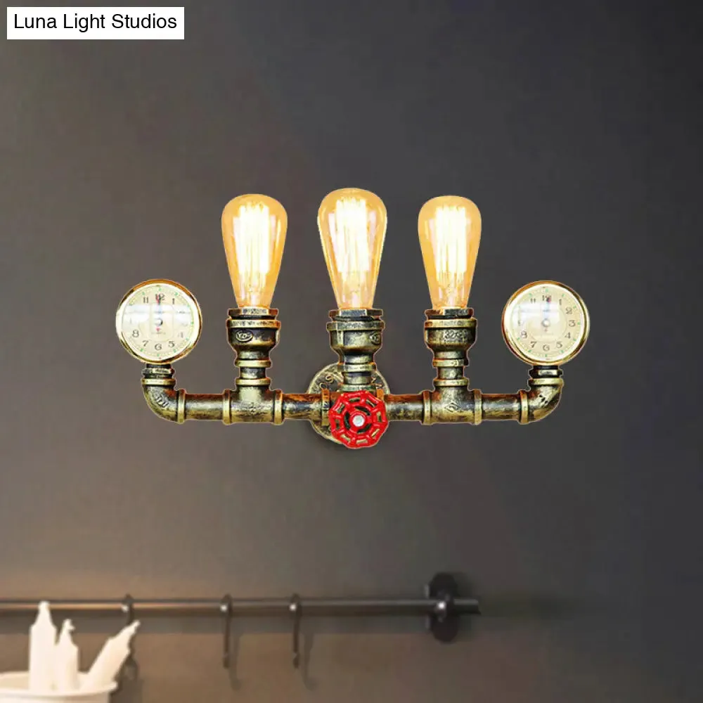 Rustic Antique Brass Metal Wall Mount Light with 3 Light Pipes, Gauge, and Valve Decoration