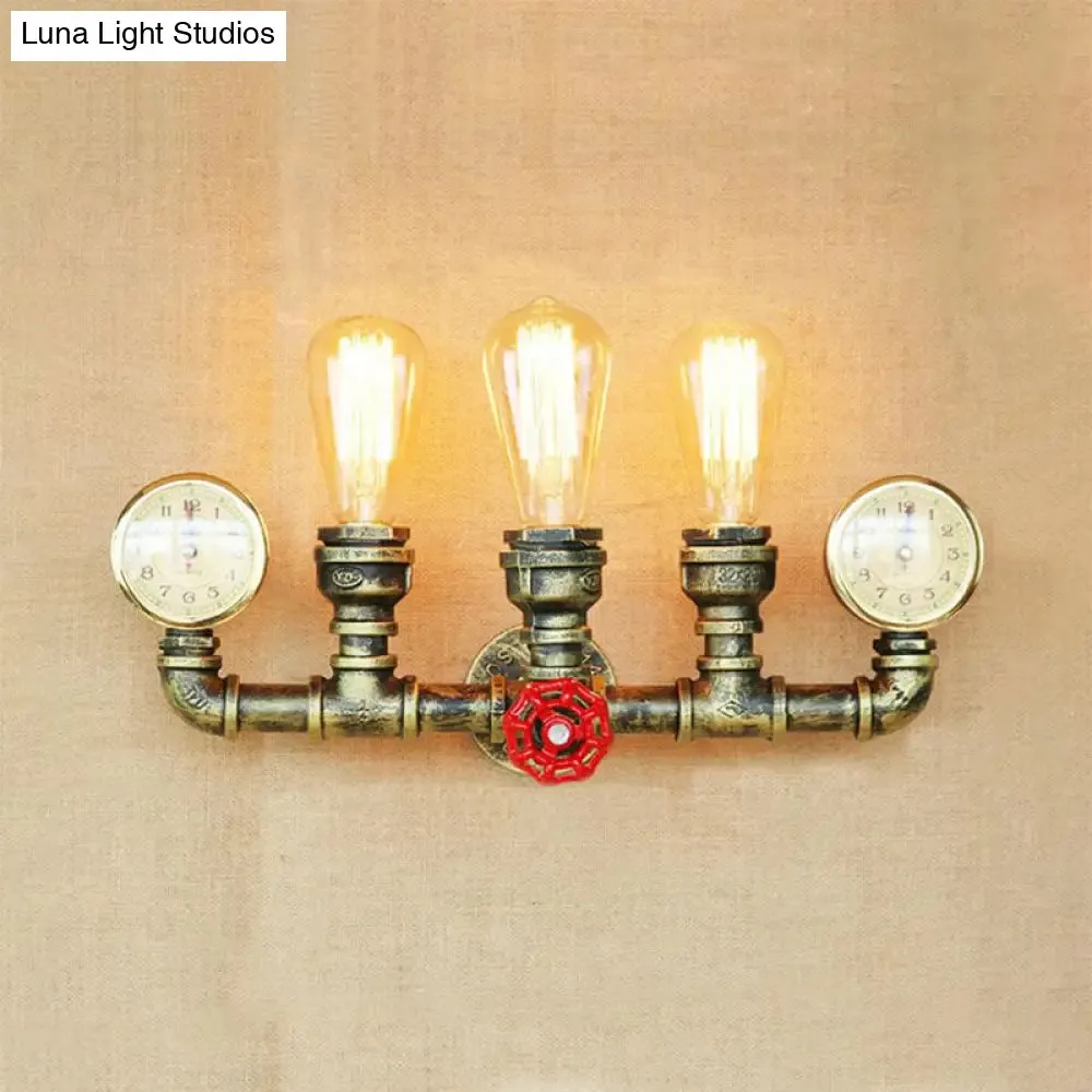 Rustic Antique Brass Metal Wall Mount Light with 3 Light Pipes, Gauge, and Valve Decoration