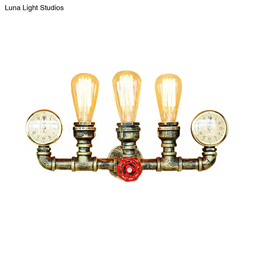 Rustic Antique Brass Metal Wall Mount Light with 3 Light Pipes, Gauge, and Valve Decoration