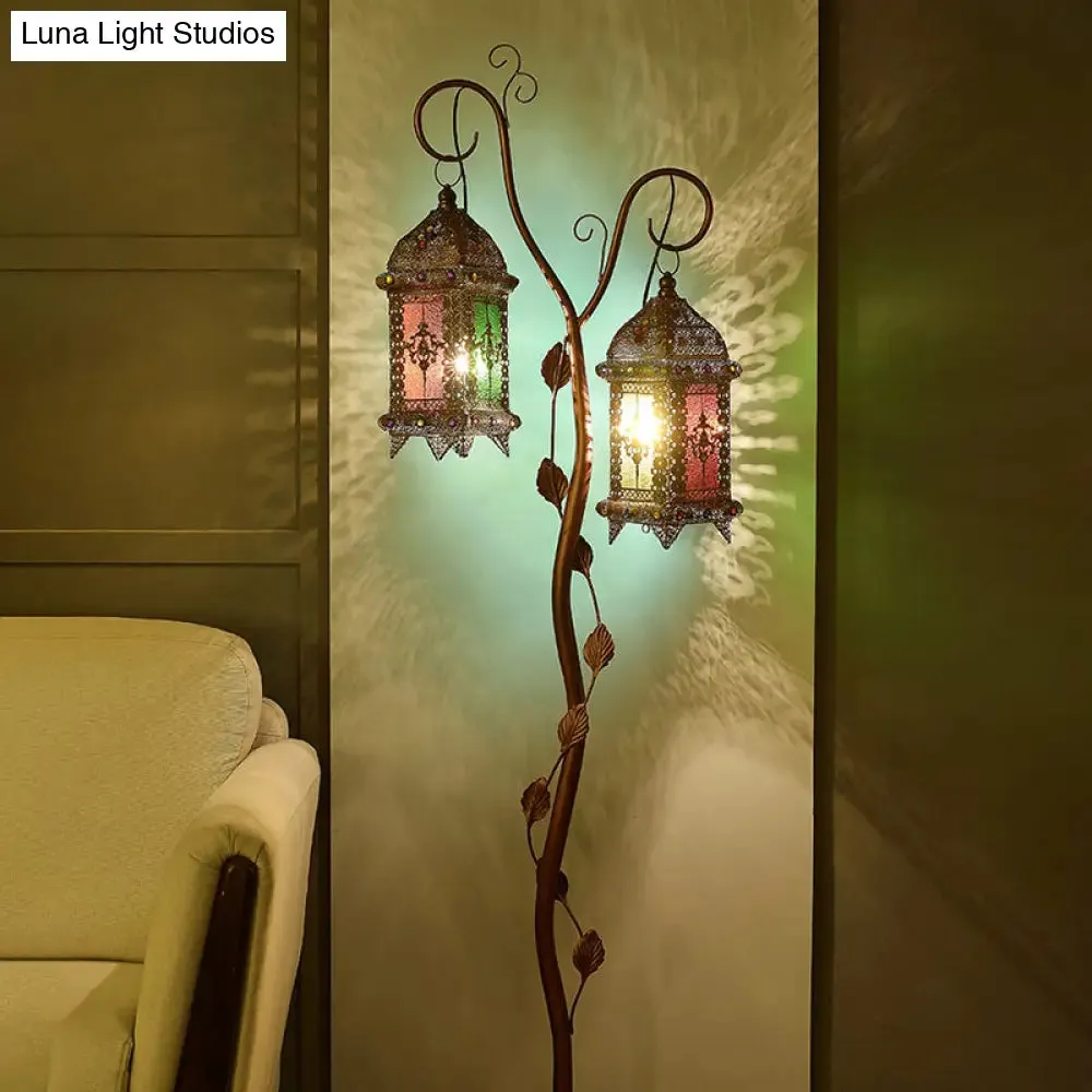 Rustic Lantern Floor Lamp with Ivy Decor - Metal Stand, 2 Bulbs, Brown - Ideal for Living Rooms