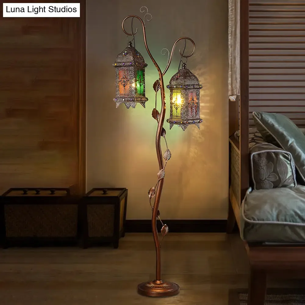 Rustic Lantern Floor Lamp with Ivy Decor - Metal Stand, 2 Bulbs, Brown - Ideal for Living Rooms